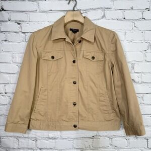 Chaps Women's Denim Trucker Jacket Size L‎ Tan Button Front Jean Jacket Short